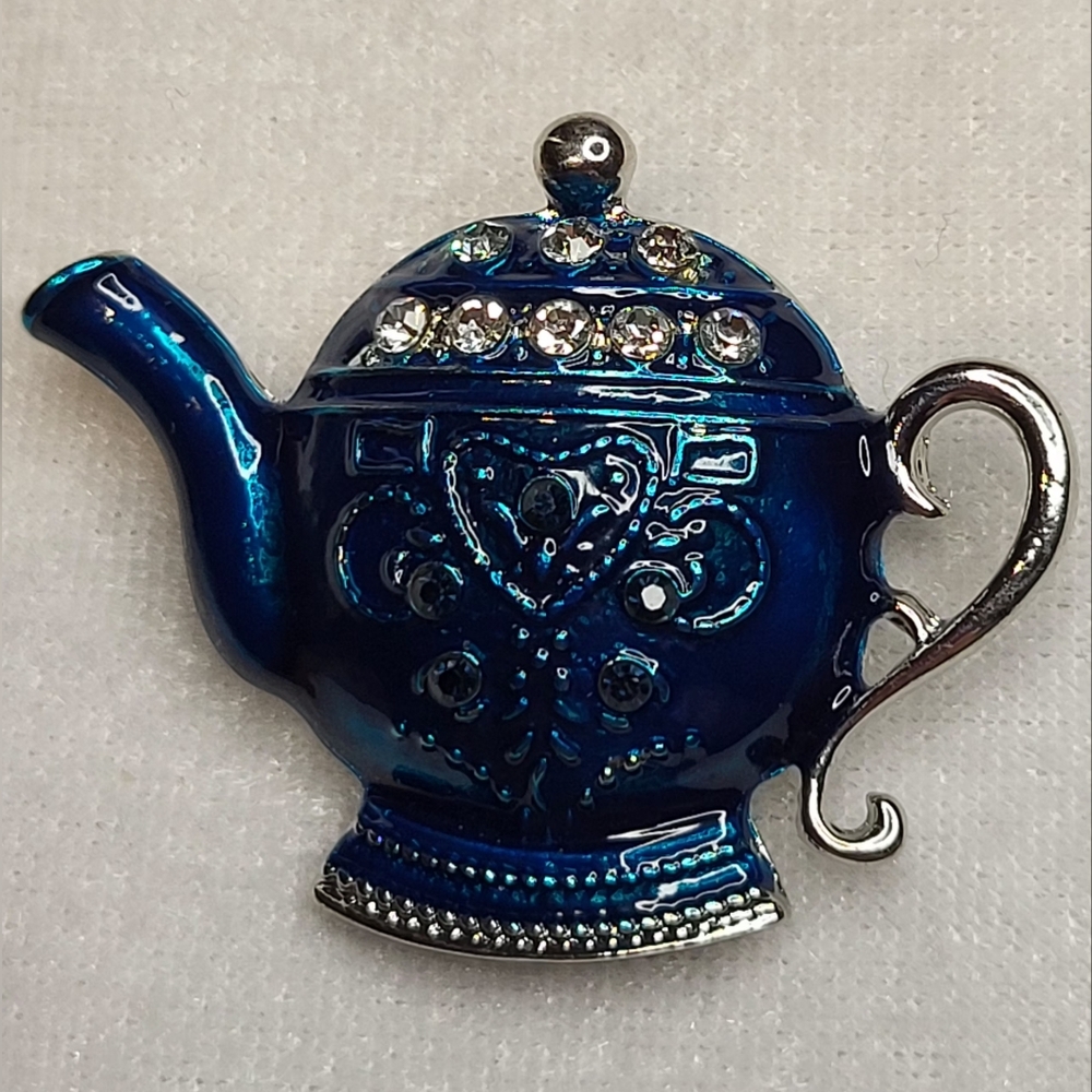 NEW Vintage-style Blue Enamel Rhinestone Teapot Brooch / Pin